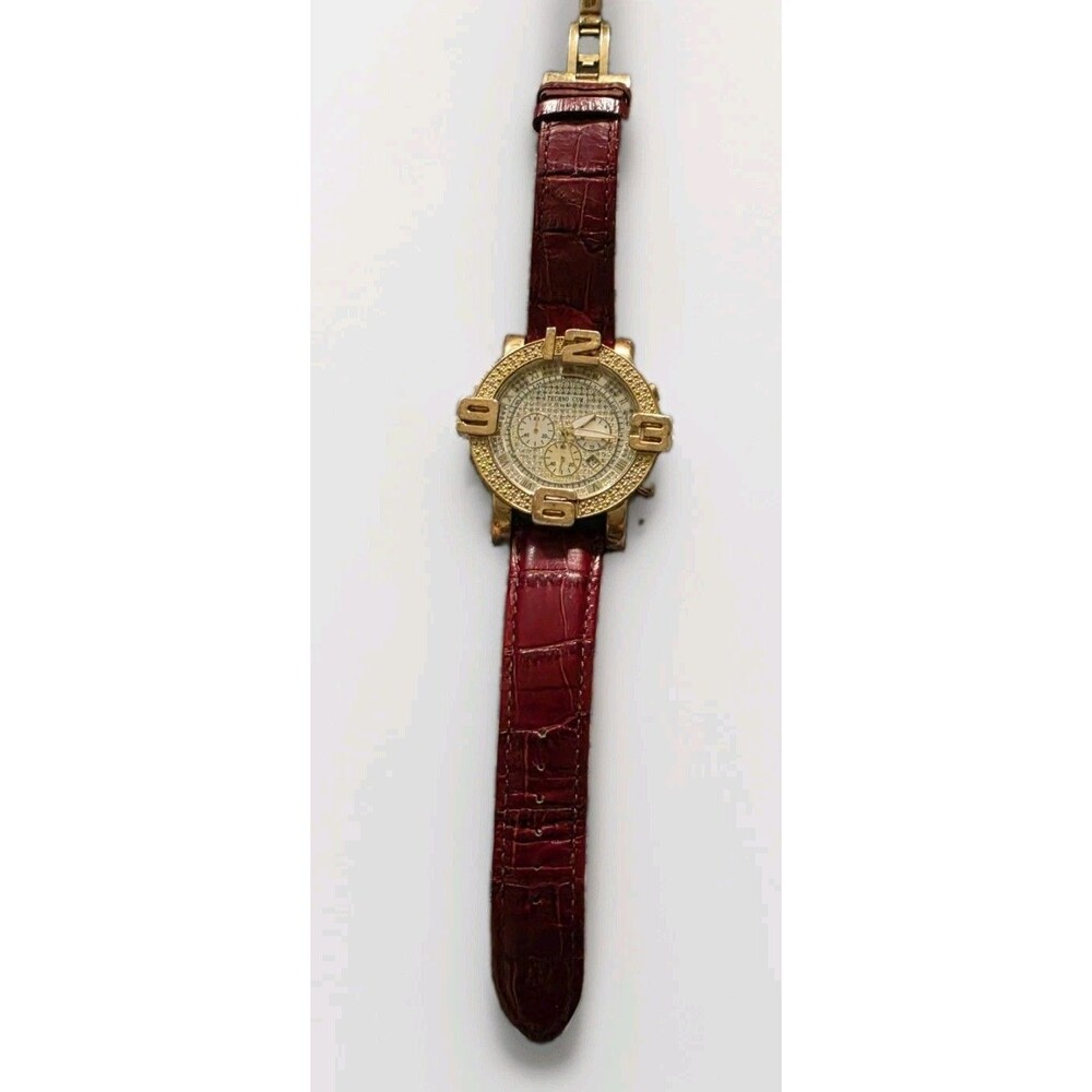 Techno Com by Kc Chronograph Gold Tone Crystal Pave Red Leather Strap 5ATM